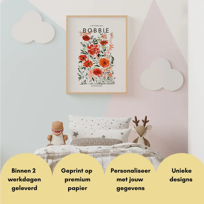 Poster en wanddecoratie voor babykamer en kinderkamer met daarop afgebeeld de geboortebloem maand Oktober. De Geboortebloemen maand Oktober is de: Goudsbloem